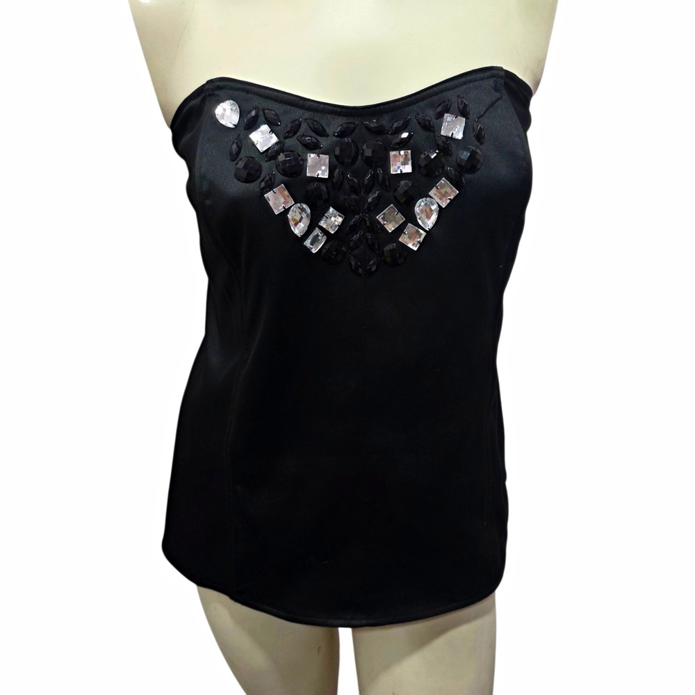 Lane Bryant Size 16 Black Satin Strapless Rhinestone Embellished Y2K Party Top